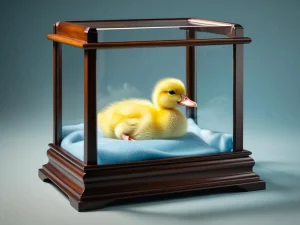 تصویر جذابی از جوجه اردک در داخل ویترین با رنگ بندی آبی